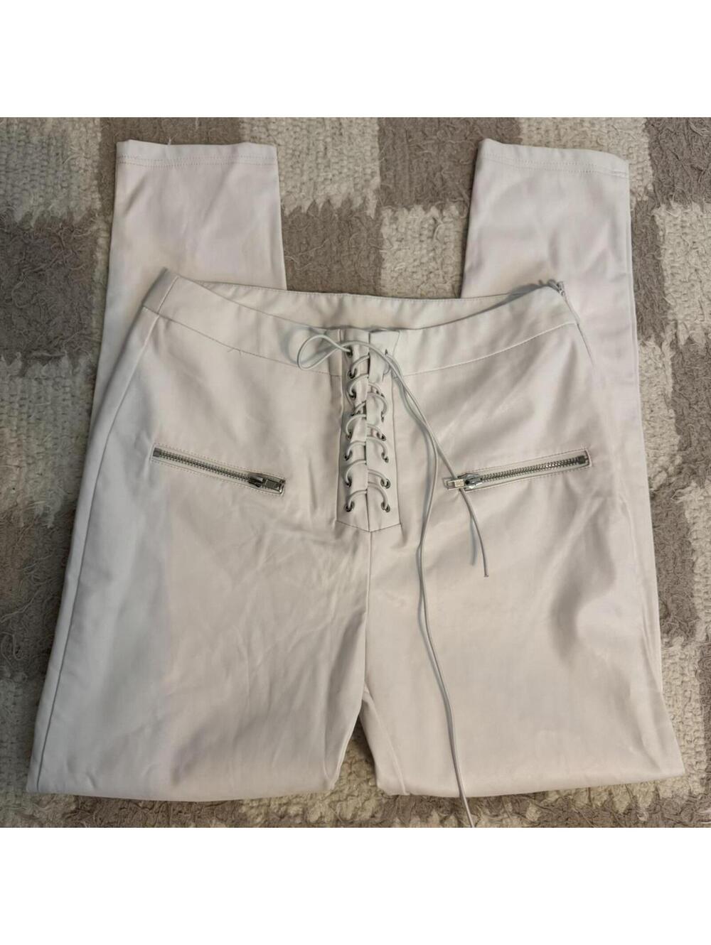 White‎ Faux Leather Lace Up High Rise Party Pants, Large